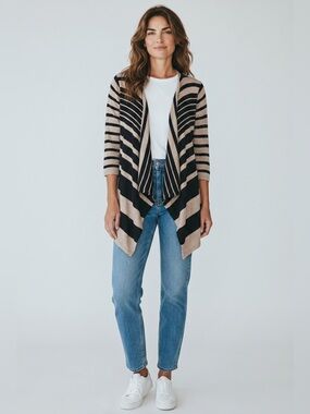 LYN 3/4 Sleeve Open Front Cardigan // Black & Tan Stripe // Large